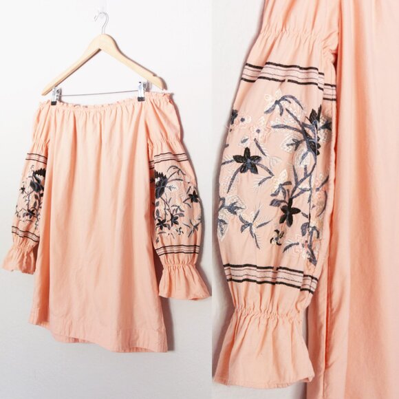 Free People Fleur Du Jour Off-The-Shoulder Pink Floral Embroidered Dress S $148 - Picture 7 of 15